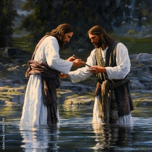 John the Baptist standing in the Jordan River and baptising. AI generativ.