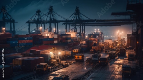 Nighttime Scene at an Industrial Port: Shipping, Construction, and Business in Full Swing!, generative AIAI Generated