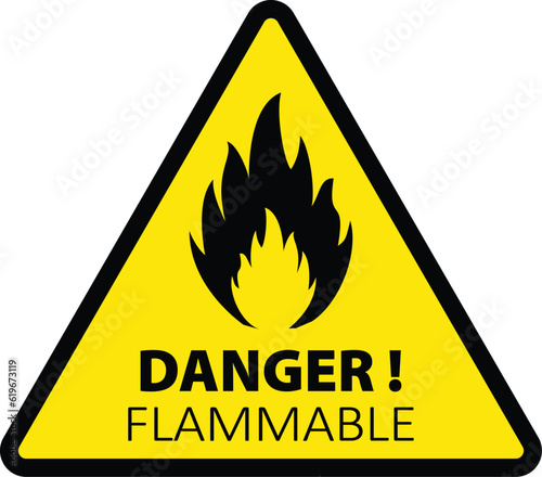 Danger flammable substances. Fire warning sign in yellow triangle. Flammable materials warning sign isolated vector 