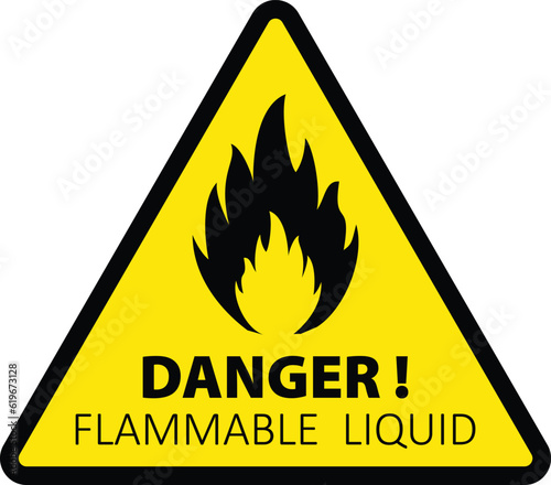 Danger flammable substances. Fire warning sign in yellow triangle. Flammable materials warning sign isolated vector 