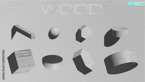 Abstract 3D illustration of geometric elements in a wood appearance on a light gray background