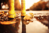 Kid standing on foliage . Legs of children in  boots standing in puddle with orange fallen leaves in autumn.
