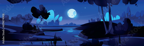 Cartoon forest with lake at night vector background. Beautiful nature woods and pond landscape for fantasy outdoor game environment illustration. Swamp in valley with hill under full moon in sky