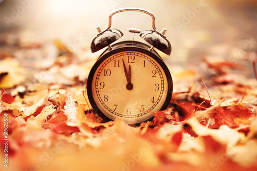 Black alarm clock on colorful maple leaves background. Closeup. Time change concept.