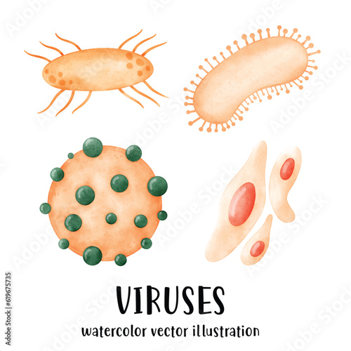 viruses and microbes, Disease, germs, watercolor, corana virus