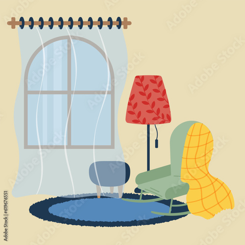 Living room with rocking chair, warm blanket and tulle window. Flat vector illustration
