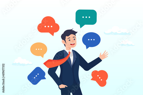 Confidence businessman talking with multiple speech bubbles, verbal or oral communication skill, storytelling or explanation, public speaking, talking or discussion, telling message or speech (Vector)