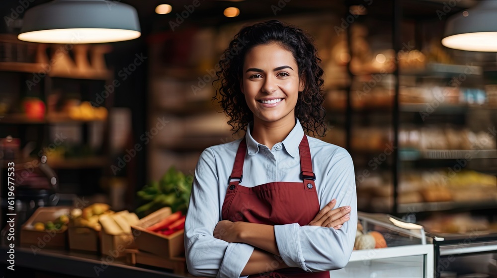 A woman store worker smiles. Retail store, grocery, bakery, pharmacy. Lady with an apron working in the market. A woman store worker smiles. Retail store, grocery, bakery, pharmacy. Lady with an apron working in the market.