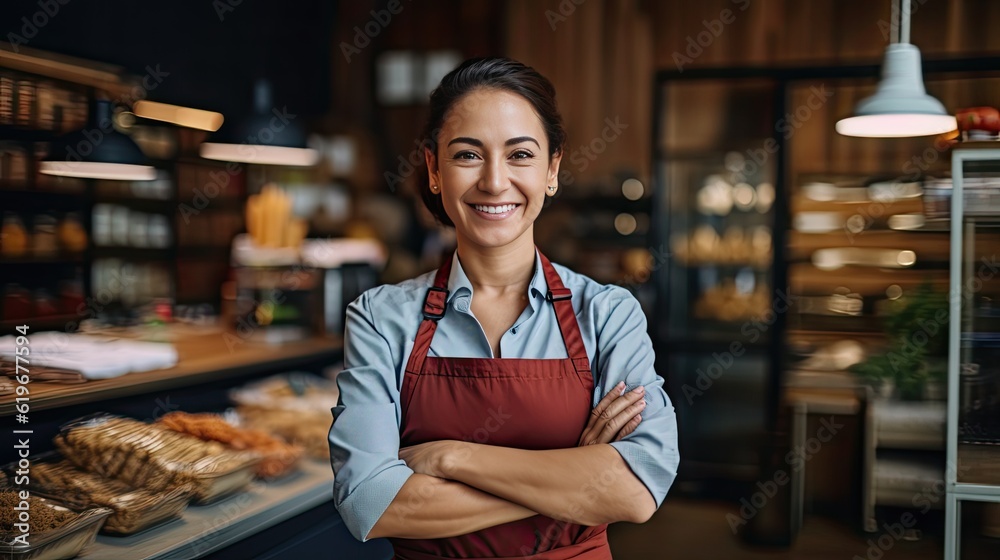 A woman store worker smiles. Retail store, grocery, bakery, pharmacy. Lady with an apron working in the market. A woman store worker smiles. Retail store, grocery, bakery, pharmacy. Lady with an apron working in the market.
