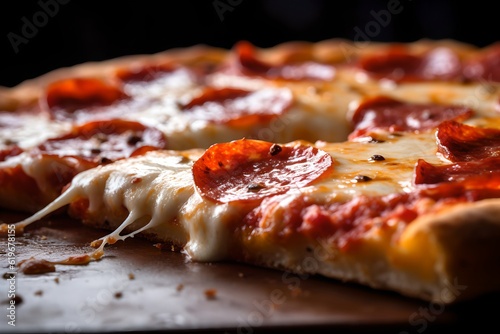 Close-up slice of cheese pizza with sausage. Delicious food and home or office delivery concept. food photography and illustration
