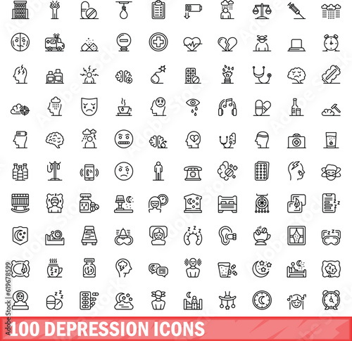 100 depression icons set. Outline illustration of 100 depression icons vector set isolated on white background