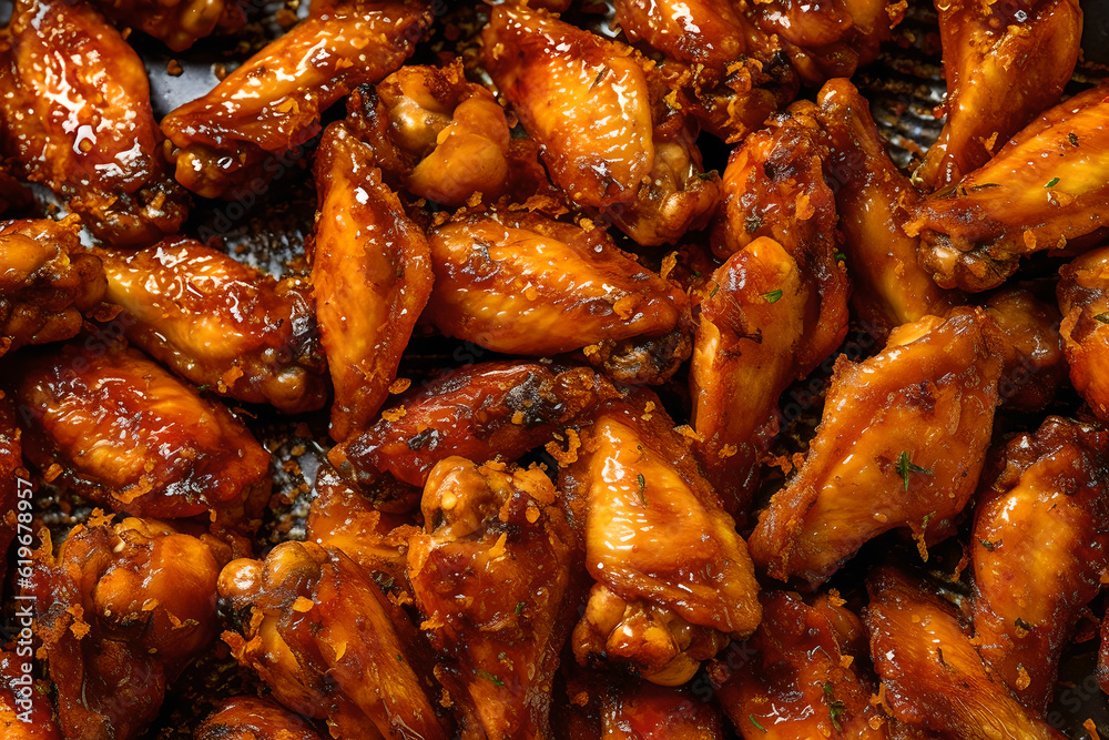 Crispy chicken wings fullframe background. Roasted chicken wings in barbecue sauce. Top view Crispy chicken wings fullframe background. Roasted chicken wings in barbecue sauce. Top view