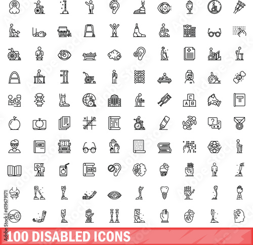 100 disabled icons set. Outline illustration of 100 disabled icons vector set isolated on white background