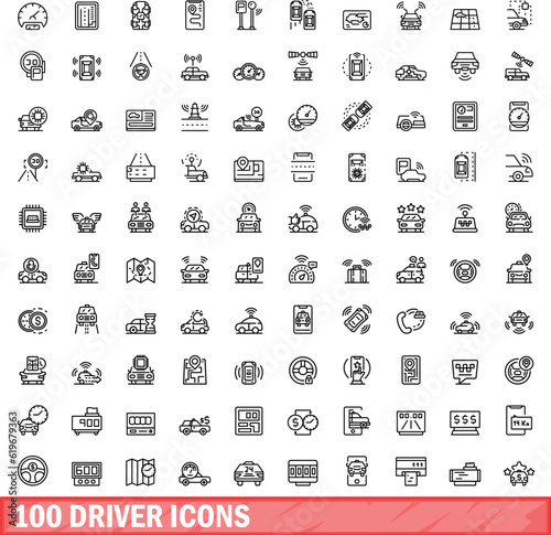 100 driver icons set. Outline illustration of 100 driver icons vector set isolated on white background