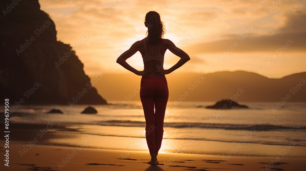 Yoga on the beach at sunset with generative ai