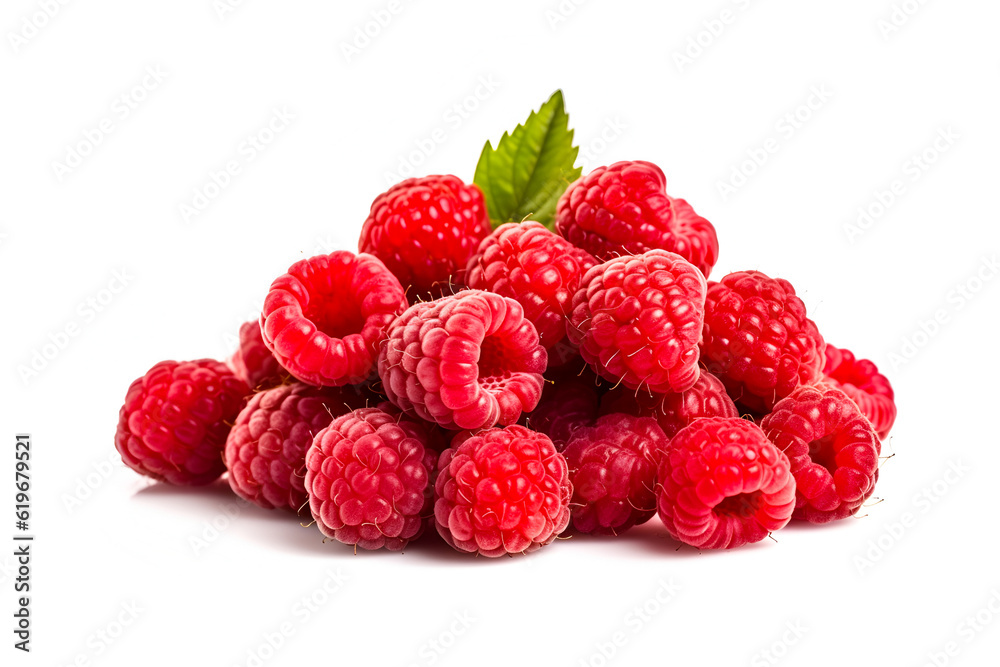 Bunch of ripe raspberry on white background. A close up of raspberries. Bunch of ripe raspberry on white background. A close up of raspberries.