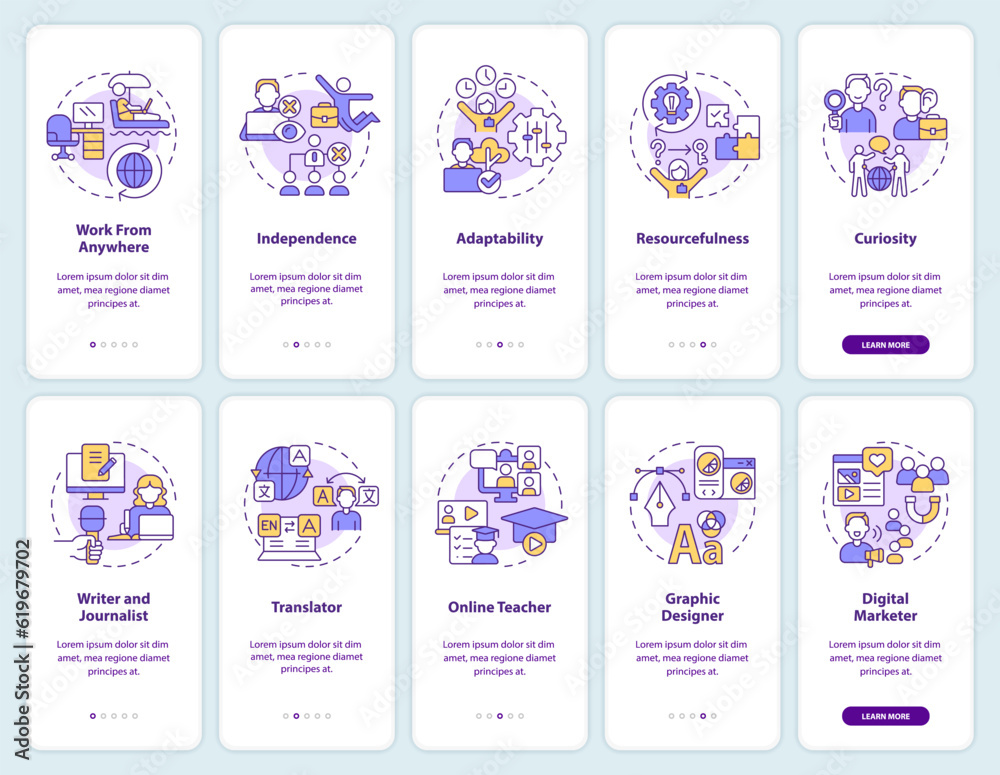 Digital nomad onboarding mobile app screen set. Remote work walkthrough 5 steps editable graphic instructions with linear concepts. UI, UX, GUI template. Myriad Pro-Bold, Regular fonts used