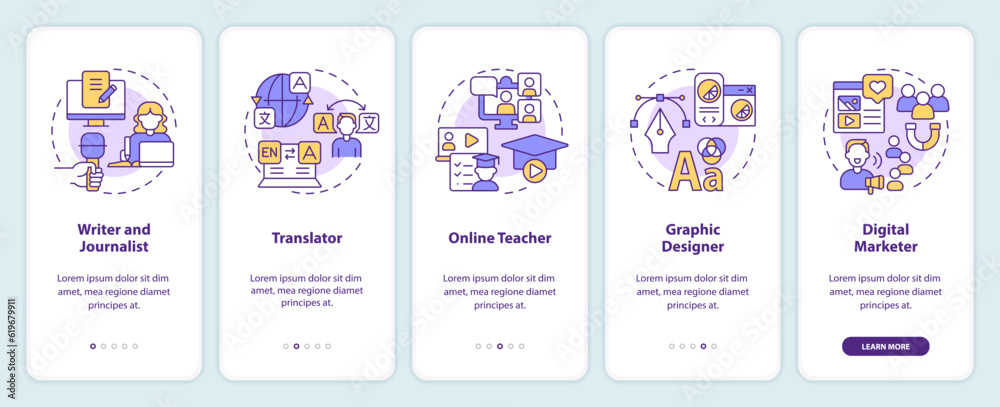 Digital nomad occupations onboarding mobile app screen. Earn online walkthrough 5 steps editable graphic instructions with linear concepts. UI, UX, GUI template. Myriad Pro-Bold, Regular fonts used