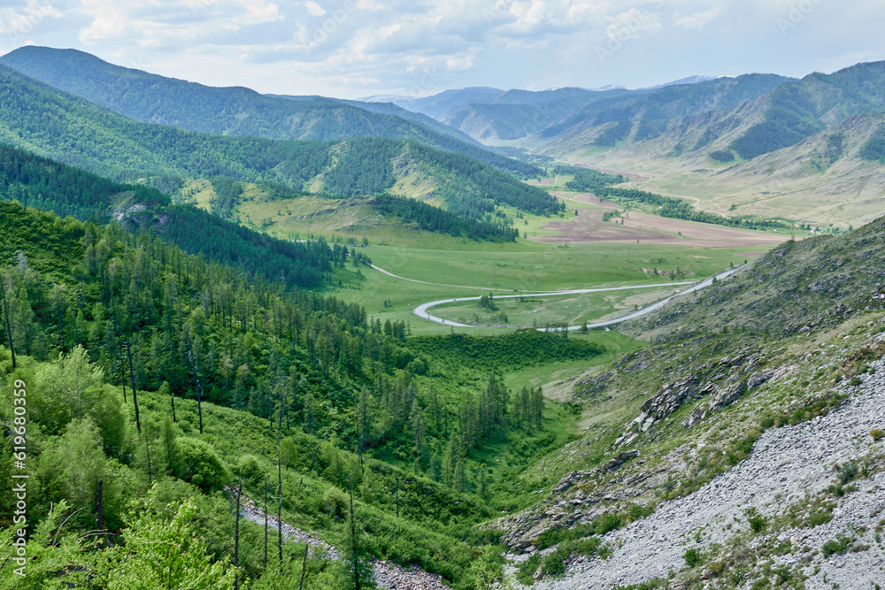 Mountain road in the Altai Republic, Siberia, Russia.