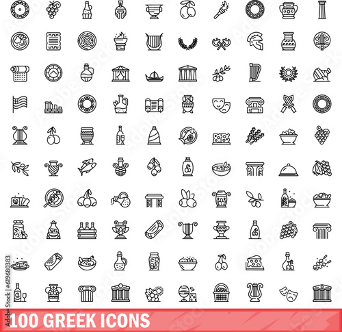 100 greek icons set. Outline illustration of 100 greek icons vector set isolated on white background