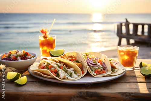 Seaside Serenity: Coastal Delights-Vibrant Fish Tacos in a Picturesque Beach Setting, Capturing Culinary Satisfaction and Relaxation.