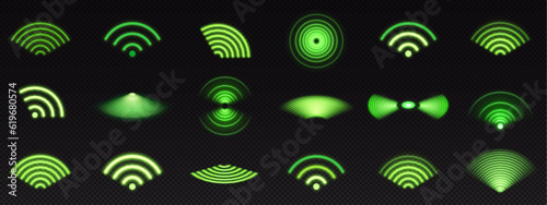 Realistic set of green radio wave signal signs isolated on transparent background. Vector illustration of radial symbol of wifi connection, sound spread, pulse effect, vibration frequency, radar area