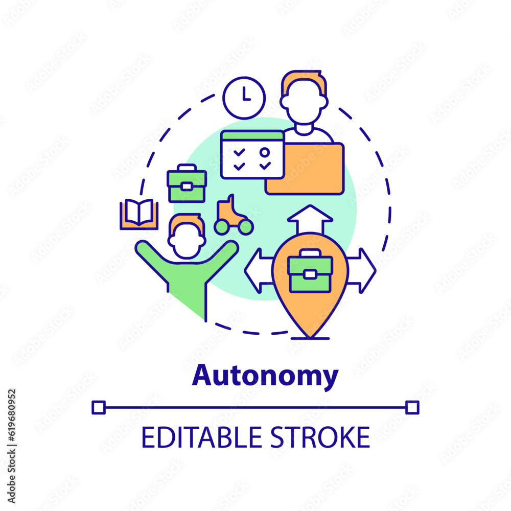 Autonomy concept icon. Work life balance. Decision making. Freedom to choose. Work remotely. Self management abstract idea thin line illustration. Isolated outline drawing. Editable stroke Autonomy concept icon. Work life balance. Decision making. Freedom to choose. Work remotely. Self management abstract idea thin line illustration. Isolated outline drawing. Editable stroke