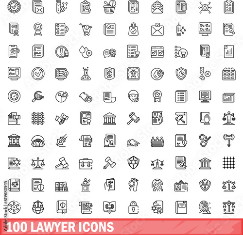 100 lawyer icons set. Outline illustration of 100 lawyer icons vector set isolated on white background
