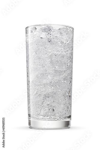 Glass of sparkling water soda drink lemonade with ice cubes isolated. Transparent PNG image.