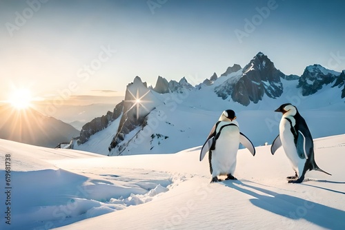 A group of adorable penguins waddling across a vast expanse of snow