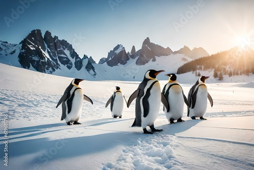 Slika na platnu Frosty Fellowship: Discover the Adorable Charm of Penguins on Ice, a Captivating