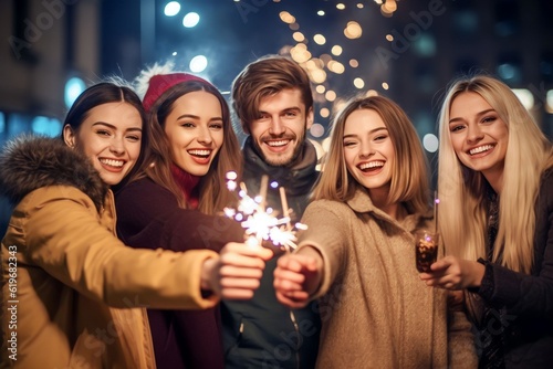 friends celebrating new year party together, outside