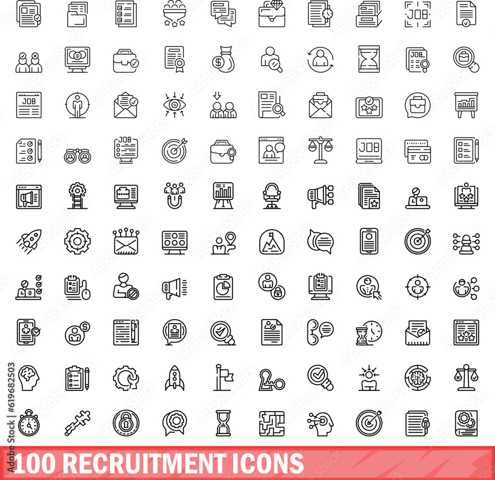 100 recruitment icons set. Outline illustration of 100 recruitment icons vector set isolated on white background 100 recruitment icons set. Outline illustration of 100 recruitment icons vector set isolated on white background