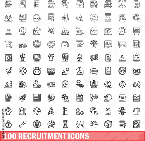 100 recruitment icons set. Outline illustration of 100 recruitment icons vector set isolated on white background