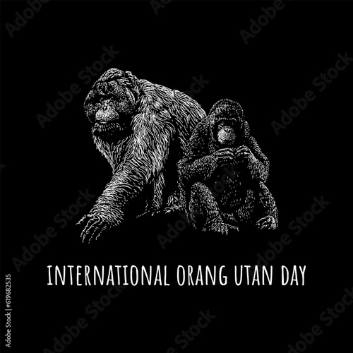 international orang utan day hand drawing vector isolated on black background.