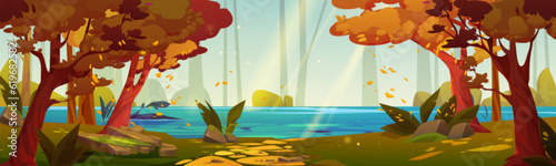 Autumn forest landscape with lake. Vector cartoon illustration of beautiful woodland scene with old trees, sunlight rays penetrating golden leaves, yellow foliage flying in air. Scenic background
