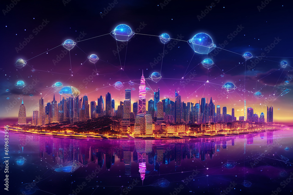 Internet Network Concept with Modern Technology Disseminate Business Information Quickly with Cityscape Background