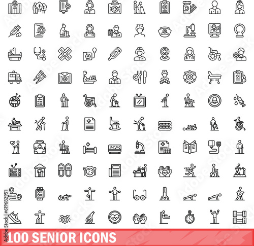 100 senior icons set. Outline illustration of 100 senior icons vector set isolated on white background