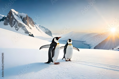 Penguin Panorama  Witness the Tranquil Beauty of Penguins Nestled on Ice Floes Against a Spectacular Backdrop of Majestic Glaciers and Icy Mountains in Nature s Frozen Wonderland