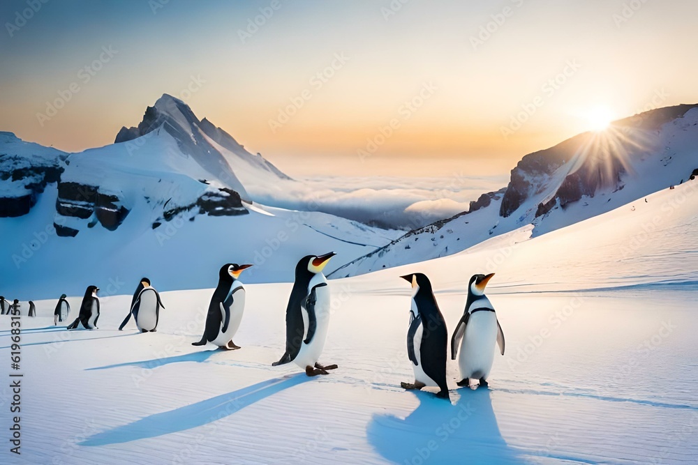 Curious penguins huddled together on a snowy cliff, overlooking a crystal-clear ocean teeming with life,