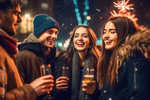 friends celebrating new year party together, outside