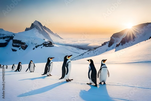 Curious penguins huddled together on a snowy cliff, overlooking a crystal-clear ocean teeming with life,