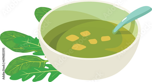 Dinner icon isometric vector. Spinach cream soup and fresh green arugula leaf. Food concept, nutrition