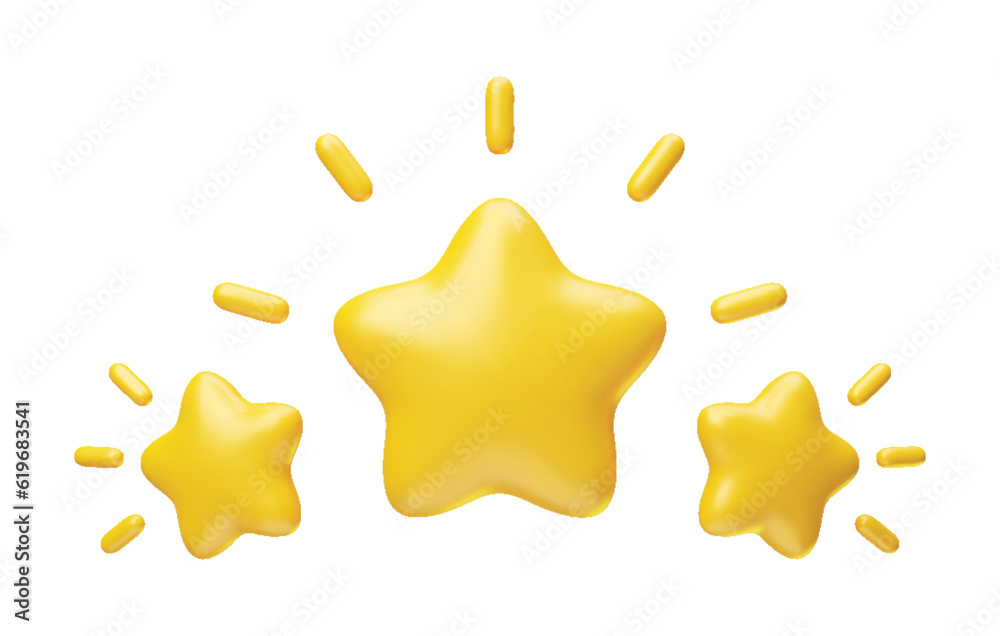 Three golden glossy stars with sparkles 3d realistic style rendering. Leadership, game award, customer feedback symbol vector illustration isolated on white background Three golden glossy stars with sparkles 3d realistic style rendering. Leadership, game award, customer feedback symbol vector illustration isolated on white background