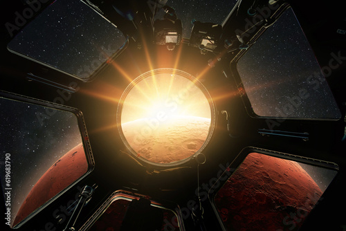 Fototapeta Naklejka Na Ścianę i Meble -  New spaceship flies up to the red planet Mars at an amazing sunset, the view from the cabin porthole window. ISS is flying in space, exploring space for new planets. Creative idea, space wallpaper