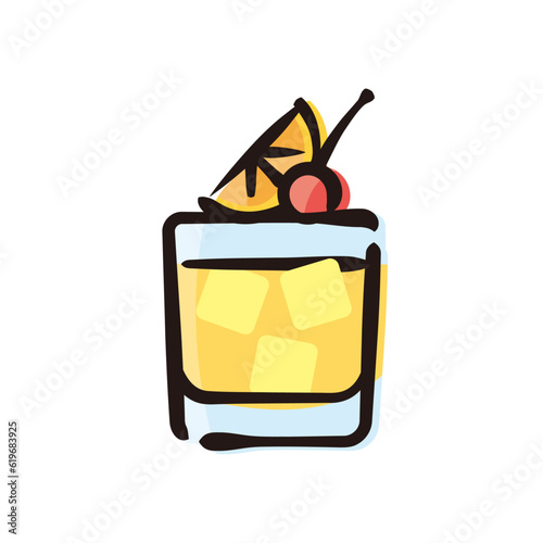 Whiskey sour - Cocktail Icon or Illustration. Color version of hand drawn lines.