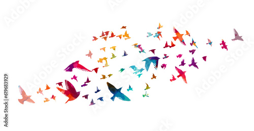 A flock of flying colored birds. Vector illustration