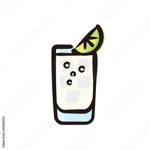 Gin and tonic - Cocktail Icon or Illustration. Color version of hand drawn lines.
