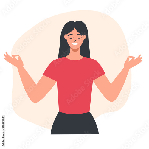 Flat vector illustration. A young woman meditating. Gyanna mudra. Concept of relaxation, tranquility, zen. Vector illustration