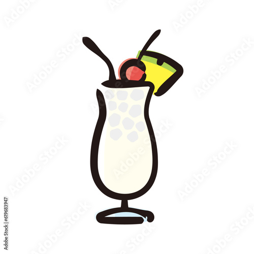 Pina colada - Cocktail Icon or Illustration. Color version of hand drawn lines.